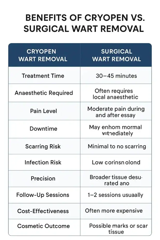 Table showing the benefits of cryopen to remove warts Chipping Norton compared to surgical treatment
